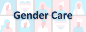 Gender care text over blue, pink, and white hearts and silhouettes of people in the background