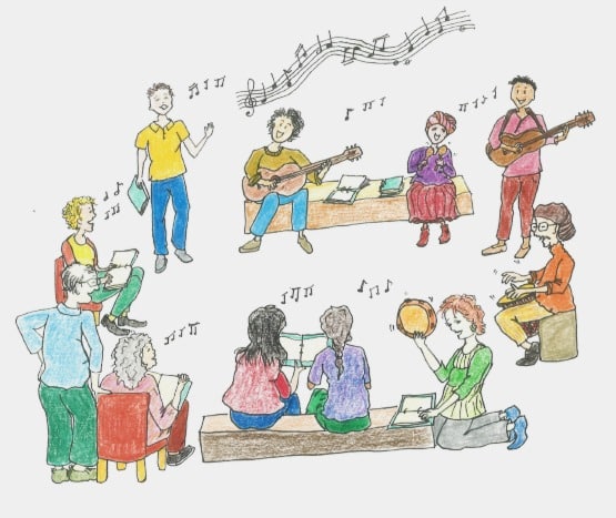 A pencil crayon drawing of people playing instruments and singing